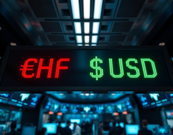 Digital currency exchange board showing Swiss Franc and US Dollar rates on a trading floor