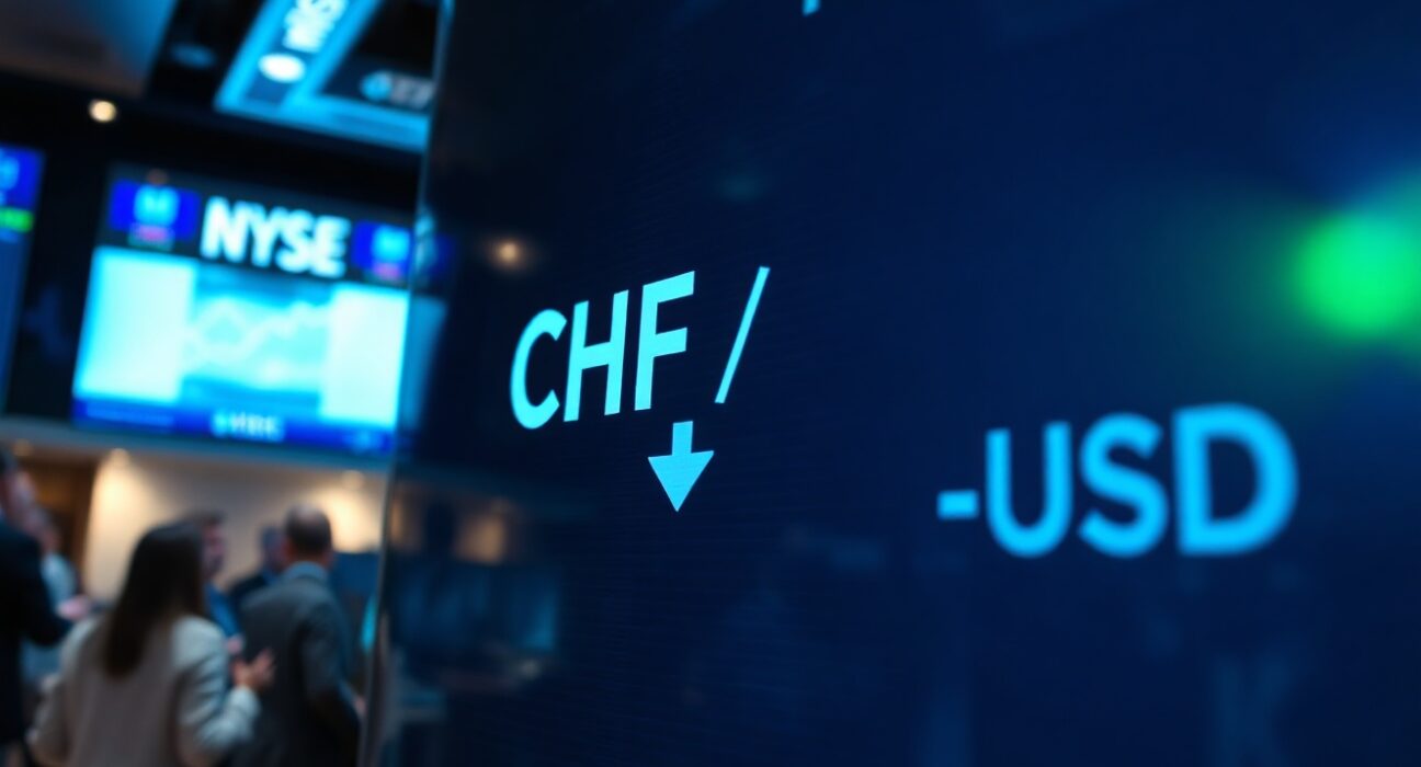 Digital trading screen showing CHF/USD currency pair with a downward trend arrow in a professional trading environment.