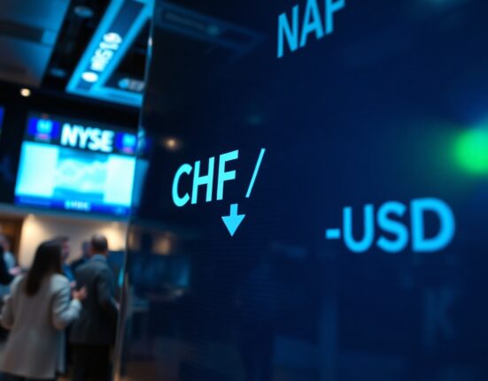 Digital trading screen showing CHF/USD currency pair with a downward trend arrow in a professional trading environment.