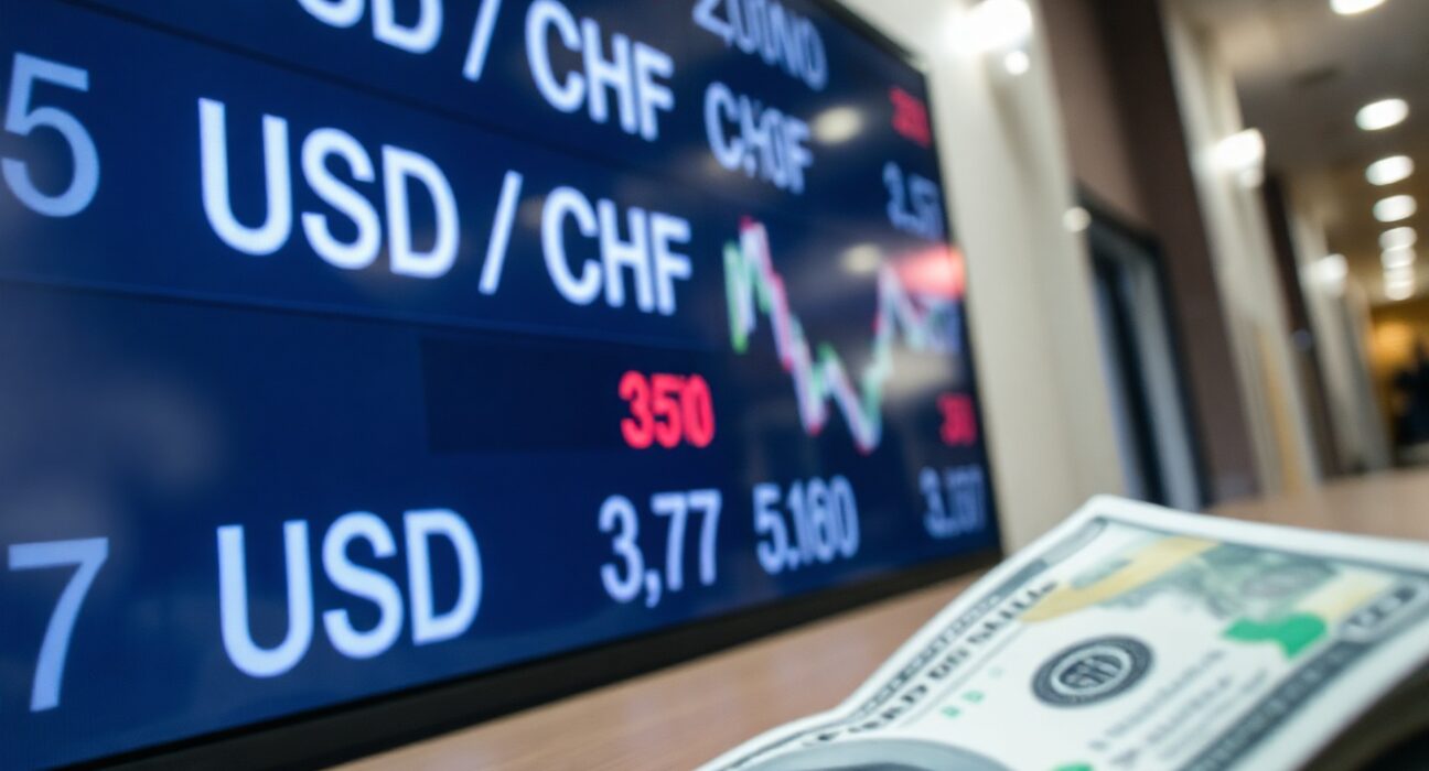 Currency exchange board showing USD/CHF rate with Swiss Franc and US Dollar banknotes