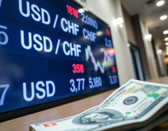 Currency exchange board showing USD/CHF rate with Swiss Franc and US Dollar banknotes