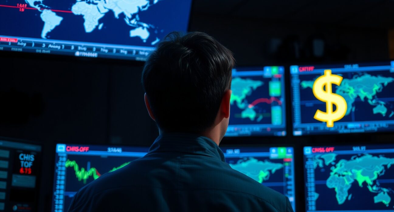 Trader monitoring Swiss Franc and US Dollar exchange rates on multiple screens