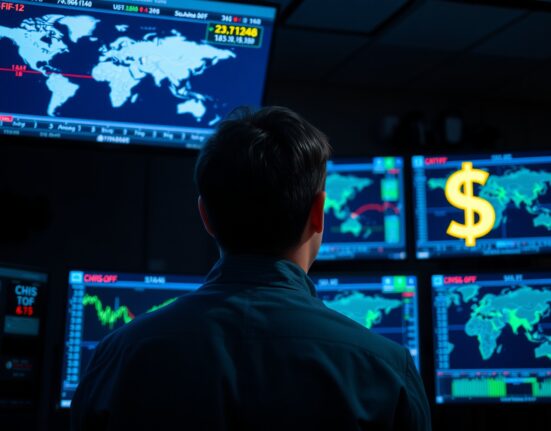 Trader monitoring Swiss Franc and US Dollar exchange rates on multiple screens