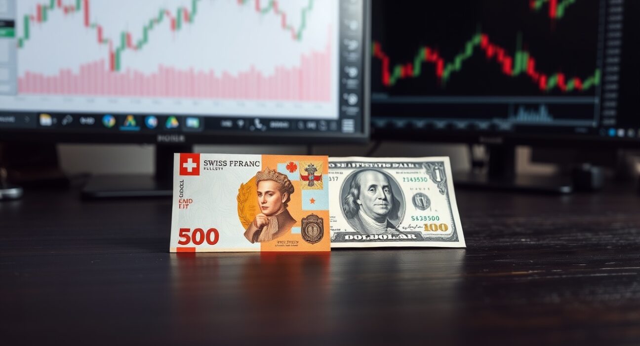 Swiss Franc and US Dollar banknotes on a desk with a financial chart background.