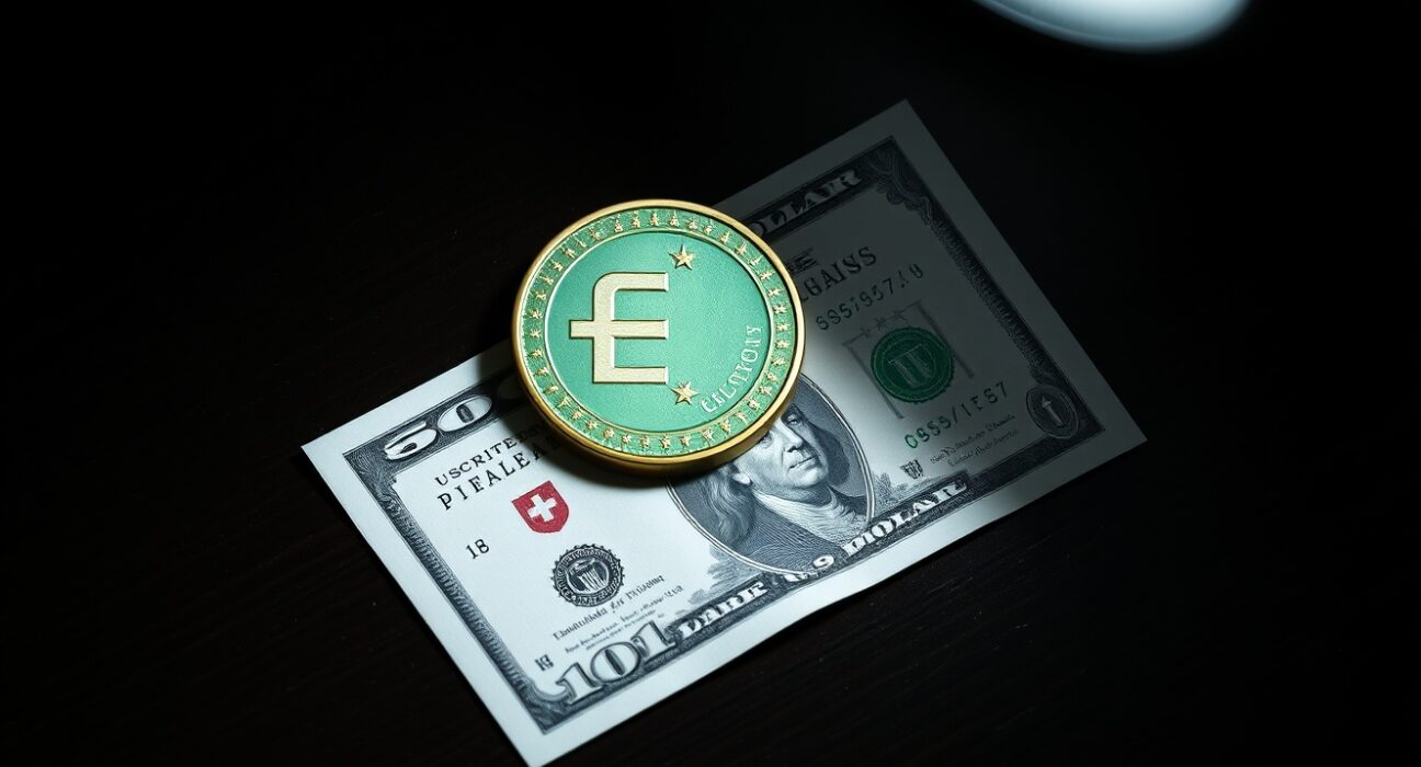 Swiss Franc coin and US Dollar bill on a desk, representing currency market analysis.