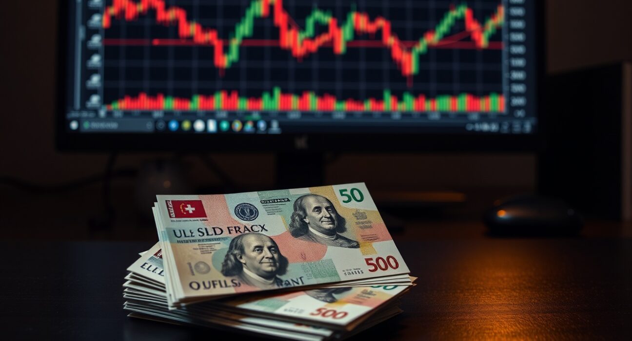Swiss franc and US dollar banknotes on a table with a financial chart in the background