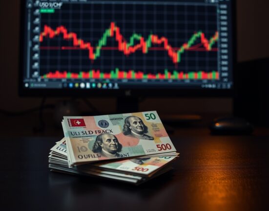 Swiss franc and US dollar banknotes on a table with a financial chart in the background