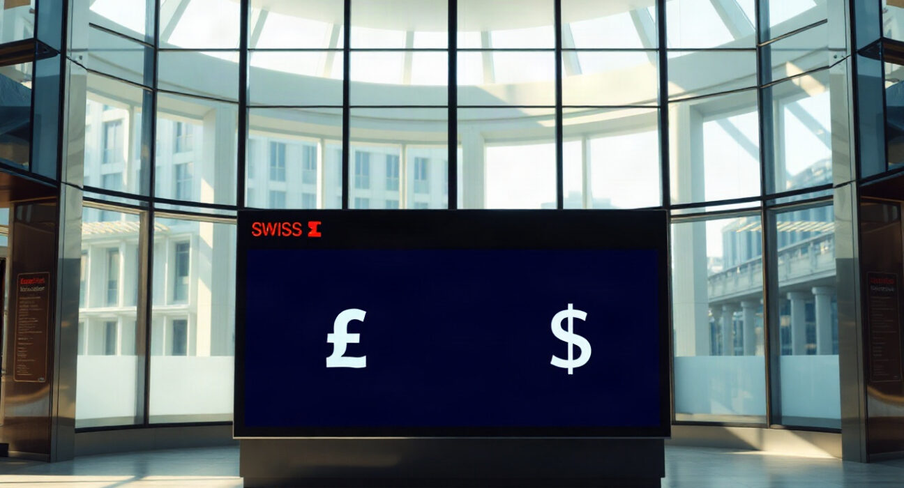 Currency exchange board showing Swiss Franc and US Dollar rates in a modern financial setting.