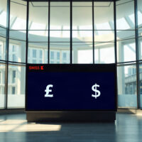 Currency exchange board showing Swiss Franc and US Dollar rates in a modern financial setting.