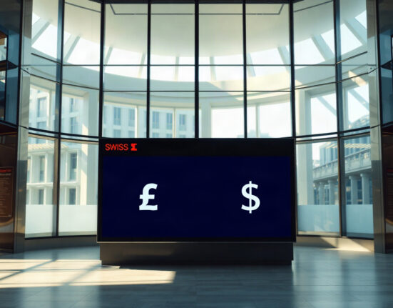 Currency exchange board showing Swiss Franc and US Dollar rates in a modern financial setting.