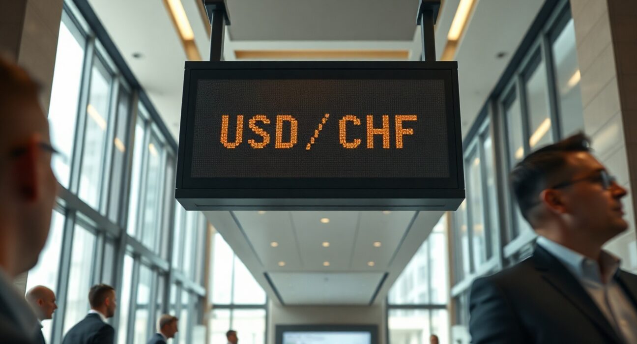 Digital currency exchange board showing USD/CHF rate in a modern financial setting.