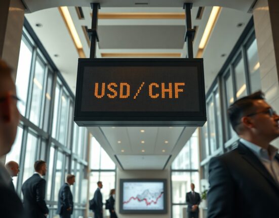 Digital currency exchange board showing USD/CHF rate in a modern financial setting.