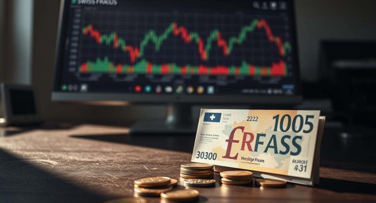 Swiss Franc banknotes and coins on a desk with a financial chart in the background