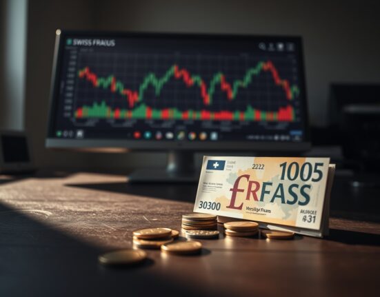 Swiss Franc banknotes and coins on a desk with a financial chart in the background