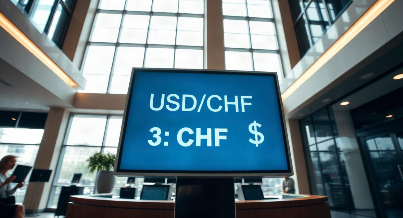 Currency exchange board showing USD/CHF rates in a financial setting