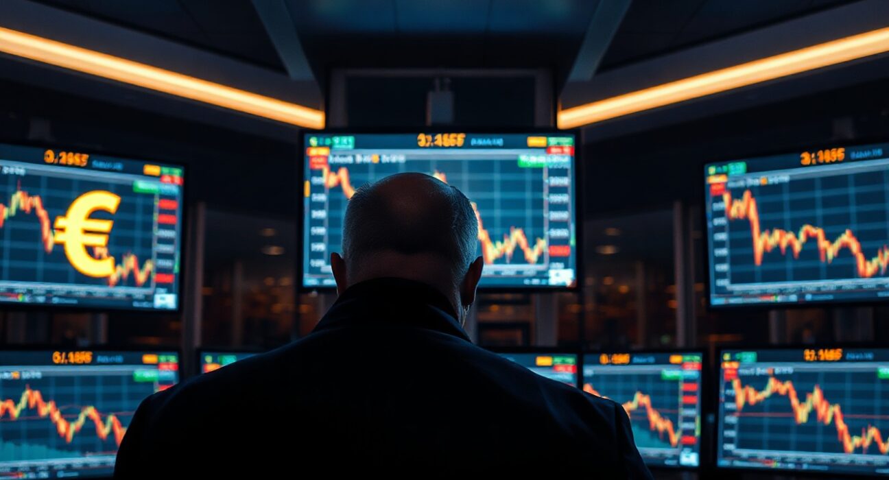 Trader monitoring Swiss Franc exchange rate charts on multiple screens