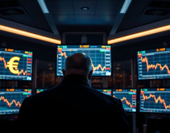Trader monitoring Swiss Franc exchange rate charts on multiple screens