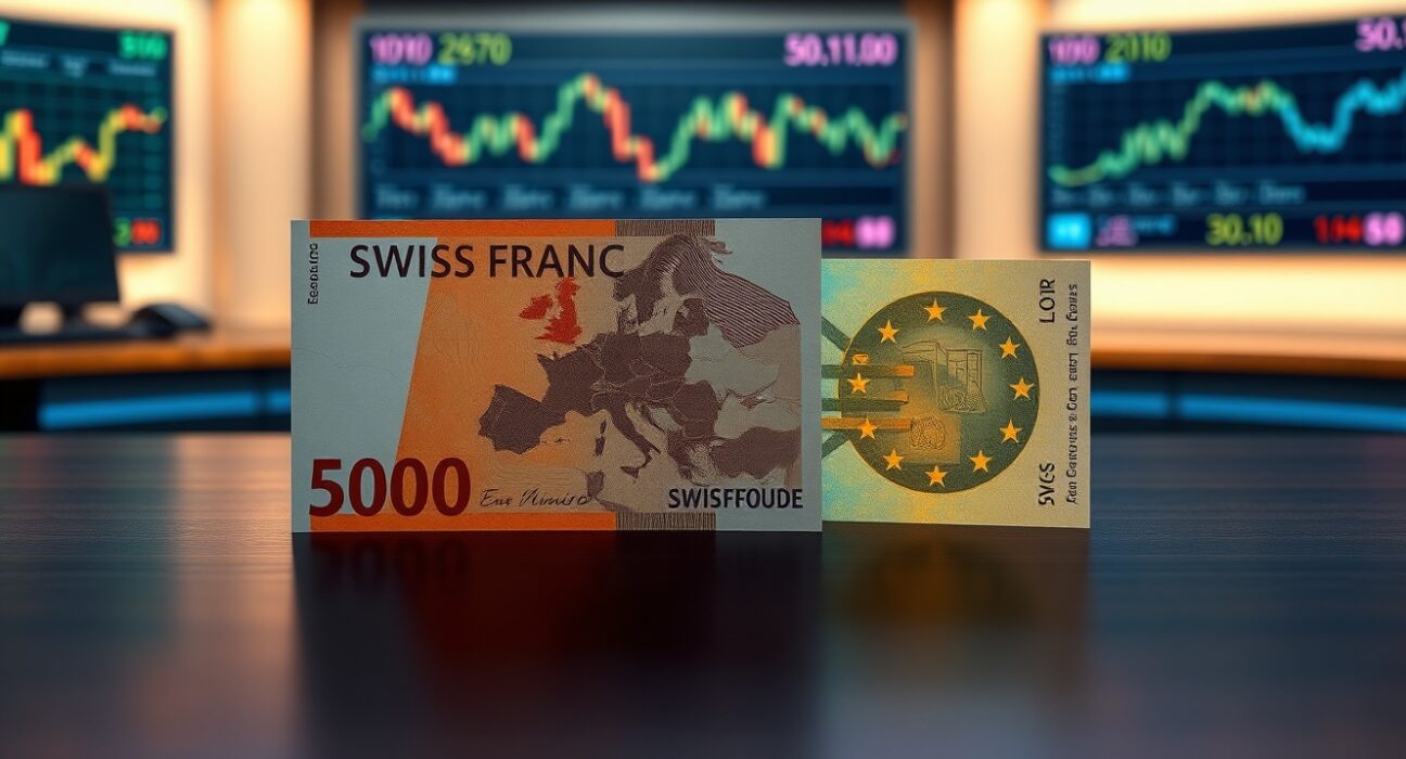 Swiss franc and euro banknotes on a desk with financial charts in the background