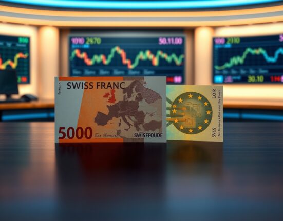 Swiss franc and euro banknotes on a desk with financial charts in the background
