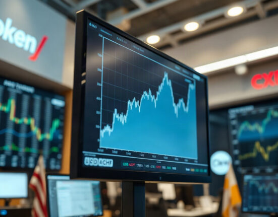 USD/CHF currency chart on a trading screen showing a slight upward movement in the Swiss Franc