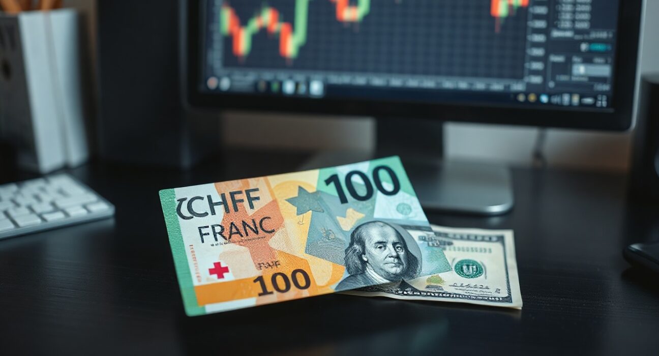 Swiss Franc and US Dollar banknotes on a desk with a blurred financial chart in the background.