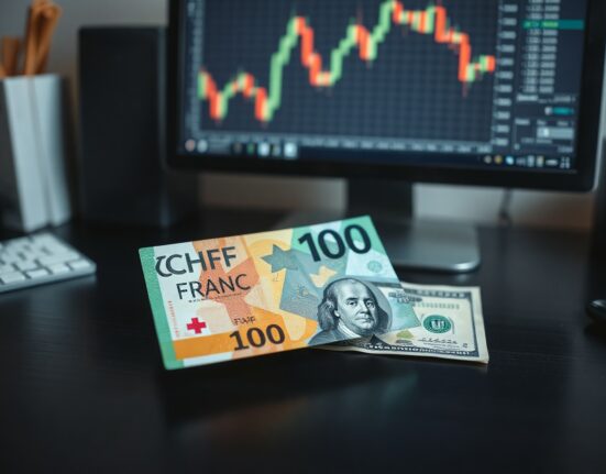 Swiss Franc and US Dollar banknotes on a desk with a blurred financial chart in the background.