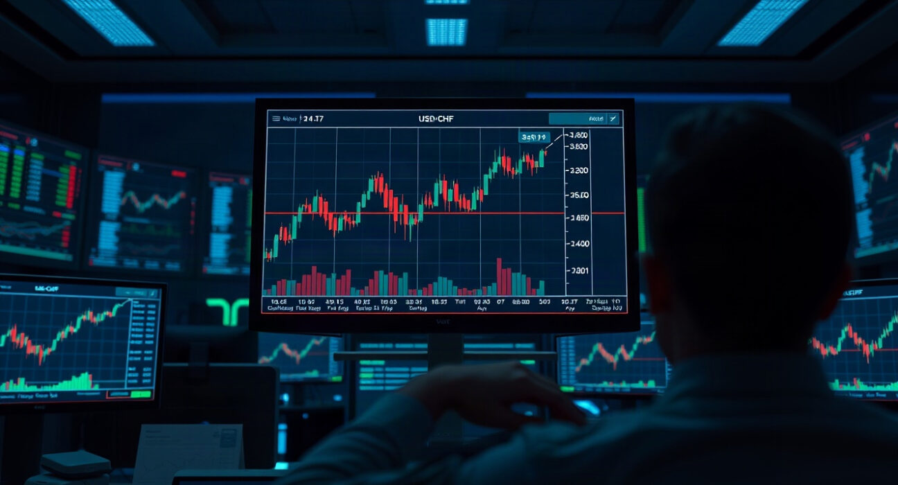 Currency exchange rate charts on a trading monitor, showing USD/CHF movement after PCE inflation data release.