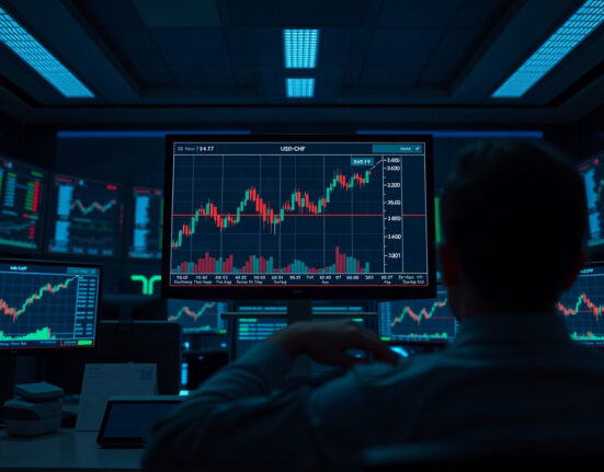 Currency exchange rate charts on a trading monitor, showing USD/CHF movement after PCE inflation data release.