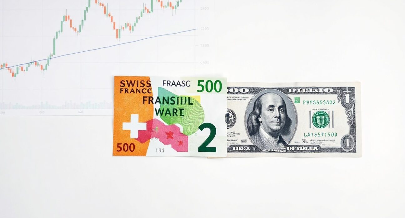 Swiss Franc and US Dollar banknotes side by side on a neutral surface, symbolizing currency exchange.
