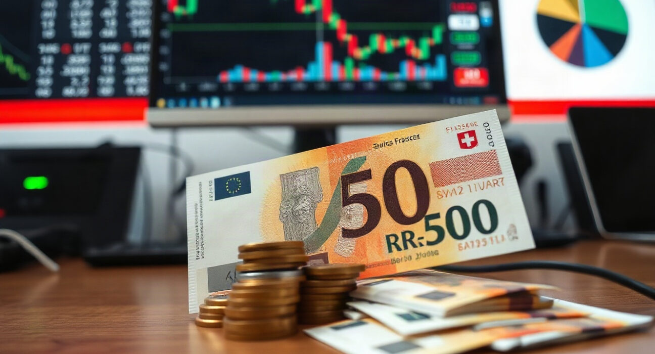Swiss franc banknotes and coins on a financial desk with trading charts in the background