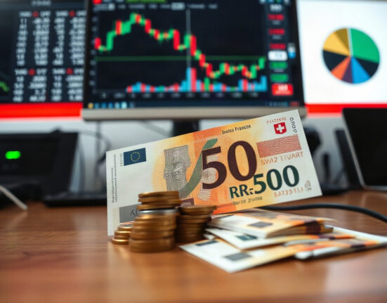 Swiss franc banknotes and coins on a financial desk with trading charts in the background