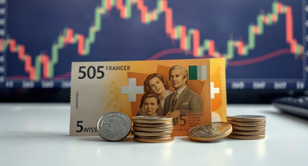 Swiss franc banknotes and coins on a desk with a financial chart in the background