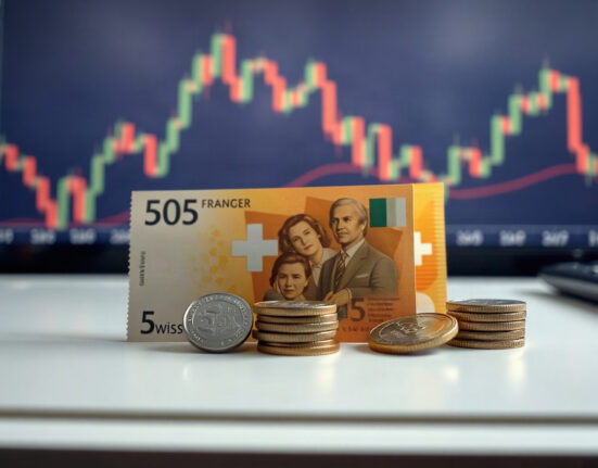 Swiss franc banknotes and coins on a desk with a financial chart in the background