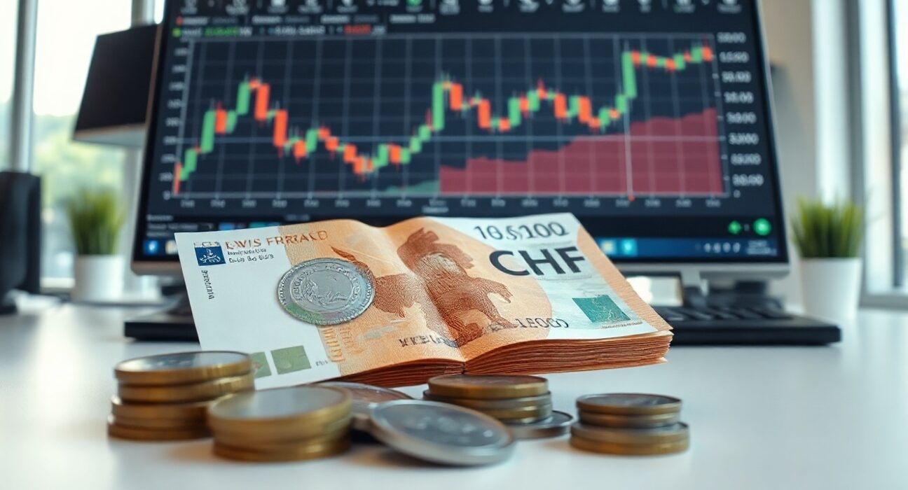 Swiss franc banknotes and coins on a trading desk with a currency chart in the background