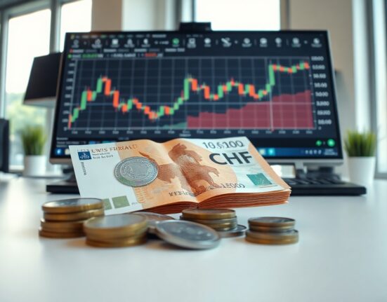 Swiss franc banknotes and coins on a trading desk with a currency chart in the background