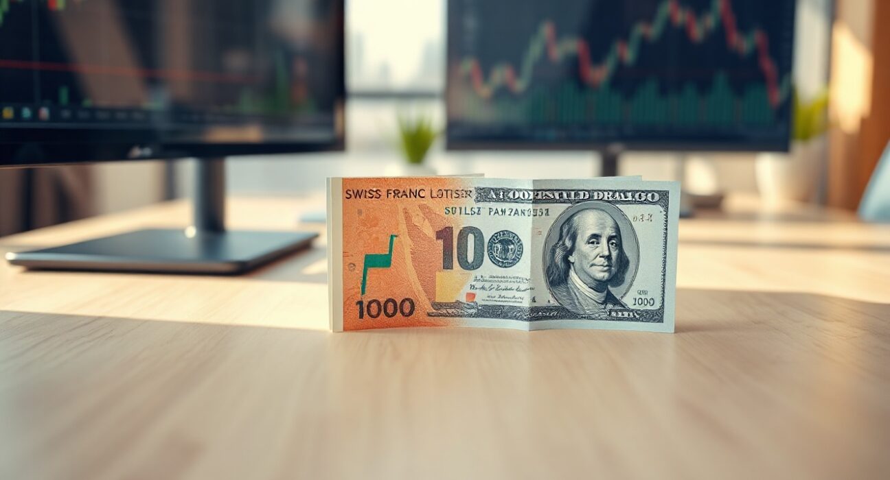Swiss Franc and US Dollar banknotes on a desk in a professional office setting