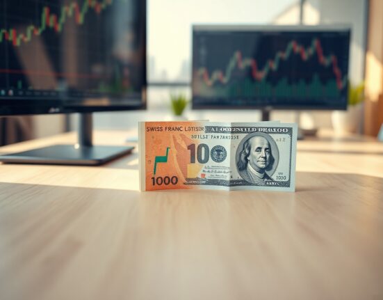 Swiss Franc and US Dollar banknotes on a desk in a professional office setting