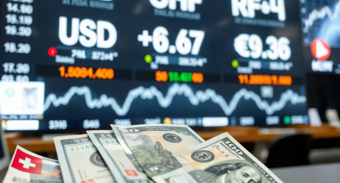 USD/CHF exchange rate chart with Swiss Franc and US Dollar banknotes on a trading desk