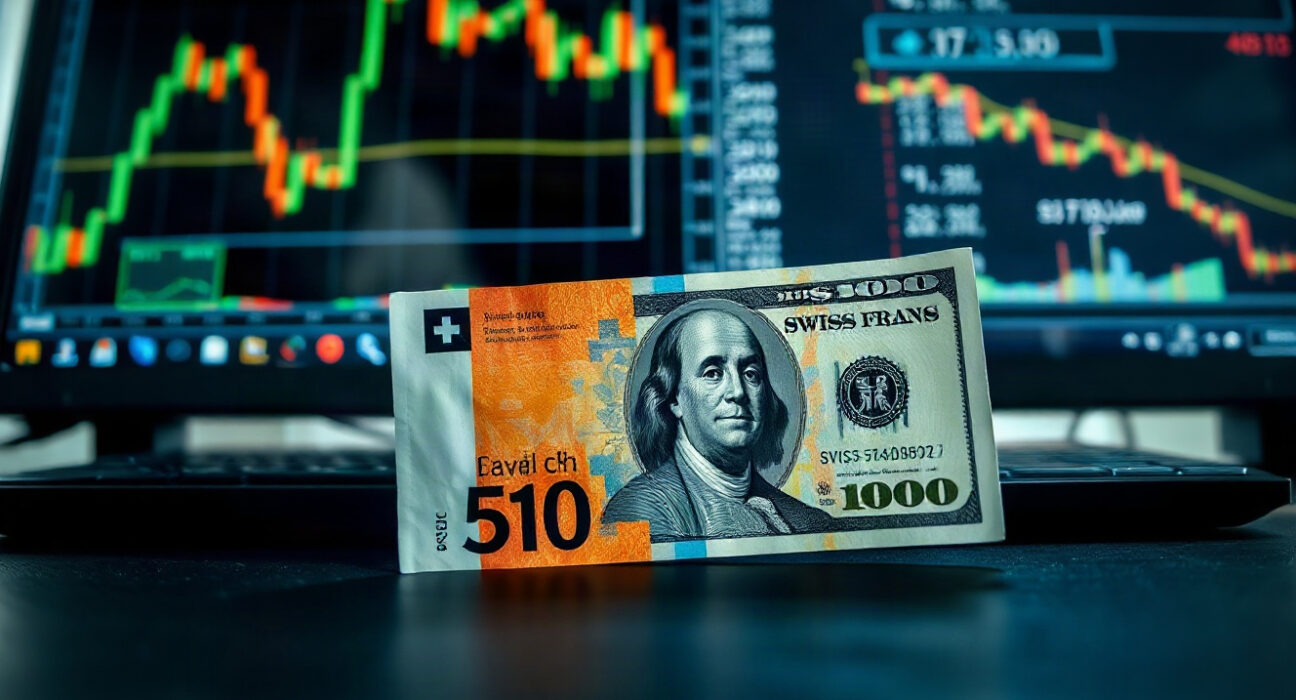 Swiss franc and US dollar banknotes with forex chart in background