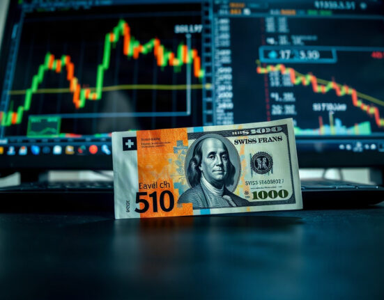Swiss franc and US dollar banknotes with forex chart in background