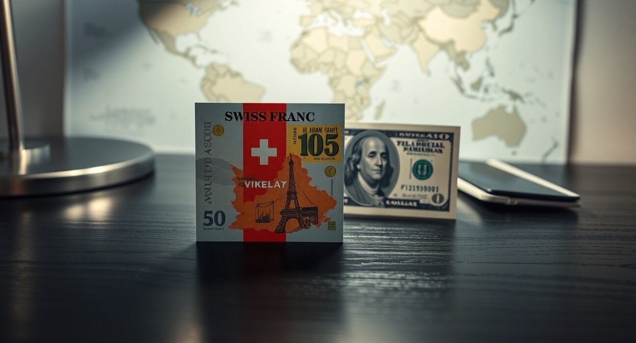 Swiss Franc and US dollar banknotes on a desk with a world map background