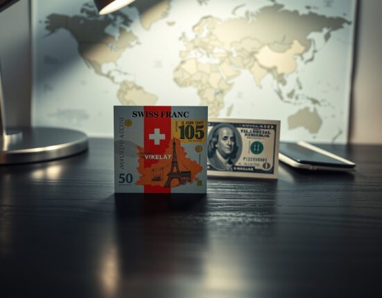 Swiss Franc and US dollar banknotes on a desk with a world map background