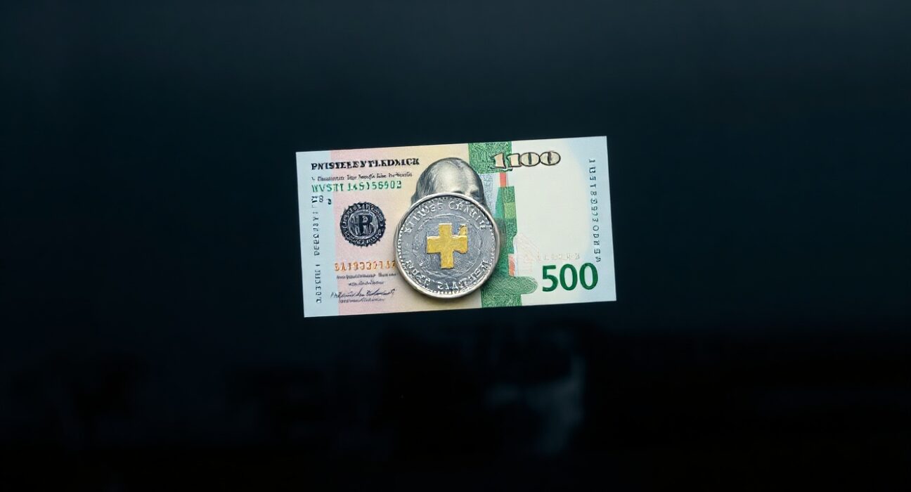 Swiss Franc coin and US Dollar bill on a dark surface representing currency market fluctuations.