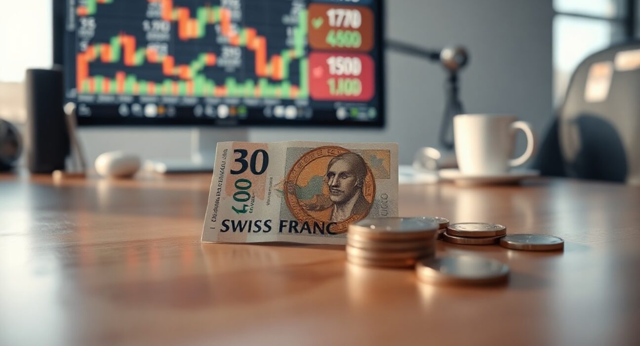 Swiss Franc banknotes and coins on a desk with a blurred financial chart in the background.