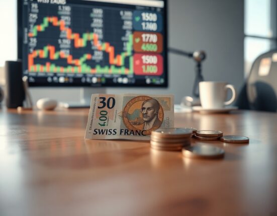 Swiss Franc banknotes and coins on a desk with a blurred financial chart in the background.