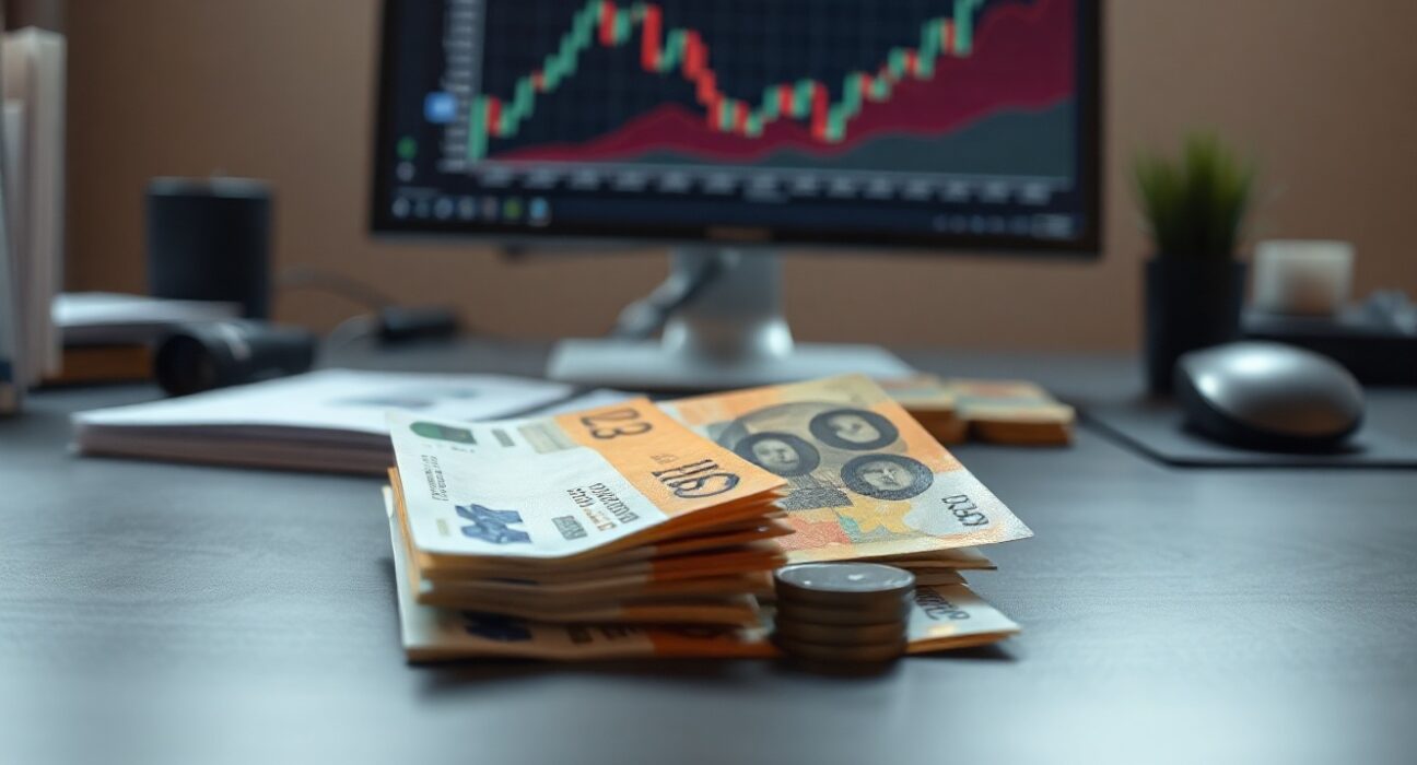 Swiss franc banknotes and coins on a desk with a financial chart in the background showing an upward trend.