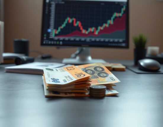 Swiss franc banknotes and coins on a desk with a financial chart in the background showing an upward trend.