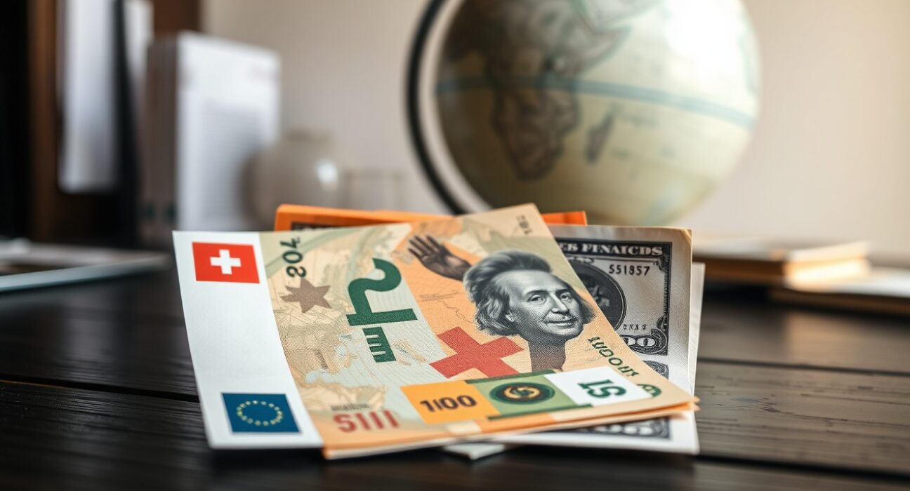 Swiss Franc and US Dollar banknotes on a desk with a globe in the background, representing currency markets and geopolitical factors.