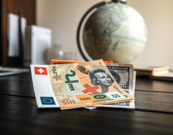 Swiss Franc and US Dollar banknotes on a desk with a globe in the background, representing currency markets and geopolitical factors.