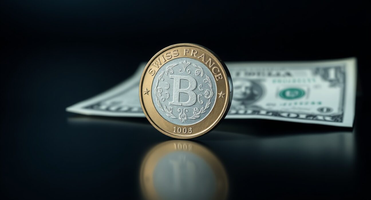 Swiss Franc coin standing on a reflective surface with a blurred US Dollar bill in the background.